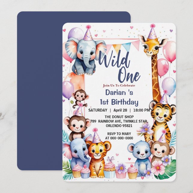 Wild One Niedlicher Tiere Balloon Boy 1st Birthday Einladung (Vorne/Hinten)