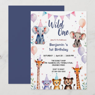 Wild One Niedlicher Tiere Balloon Boy 1st Birthday Einladung