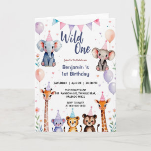 Wild One Niedlicher Tiere Balloon Boy 1st Birthday Einladung