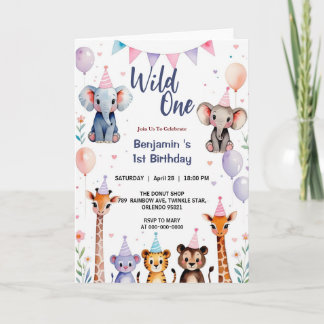 Wild One Niedlicher Tiere Balloon Boy 1st Birthday Einladung