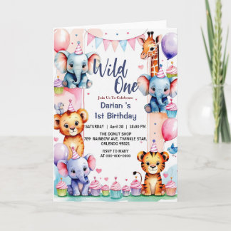 Wild One Niedlicher Tiere Balloon cupcake 1. Gebur Einladung