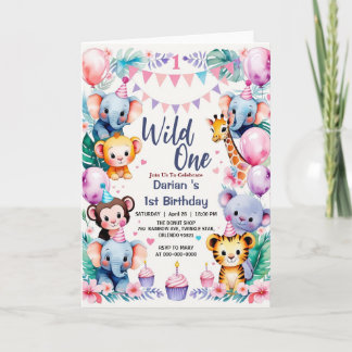 Wild One Niedlicher Tiere Balloon cupcake 1. Gebur Einladung
