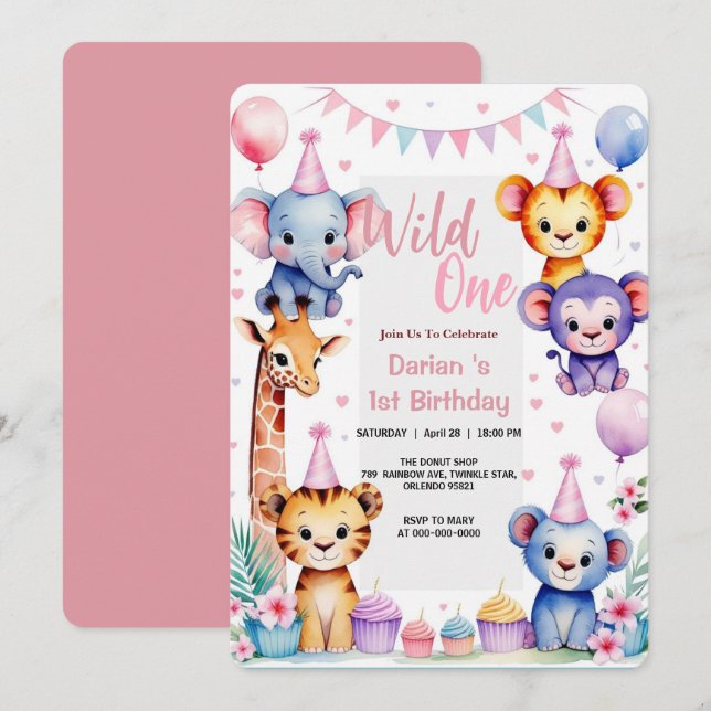 Wild One Niedlicher Tiere Balloon cupcake 1. Gebur Einladung (Vorne/Hinten)