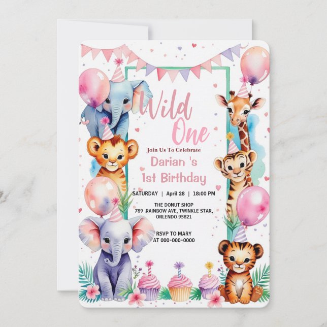 Wild One Niedlicher Tiere Balloon cupcake 1. Gebur Einladung (Vorderseite)
