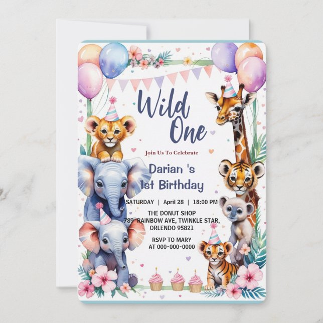 Wild One Niedlicher Tiere Balloon cupcake 1. Gebur Einladung (Vorderseite)