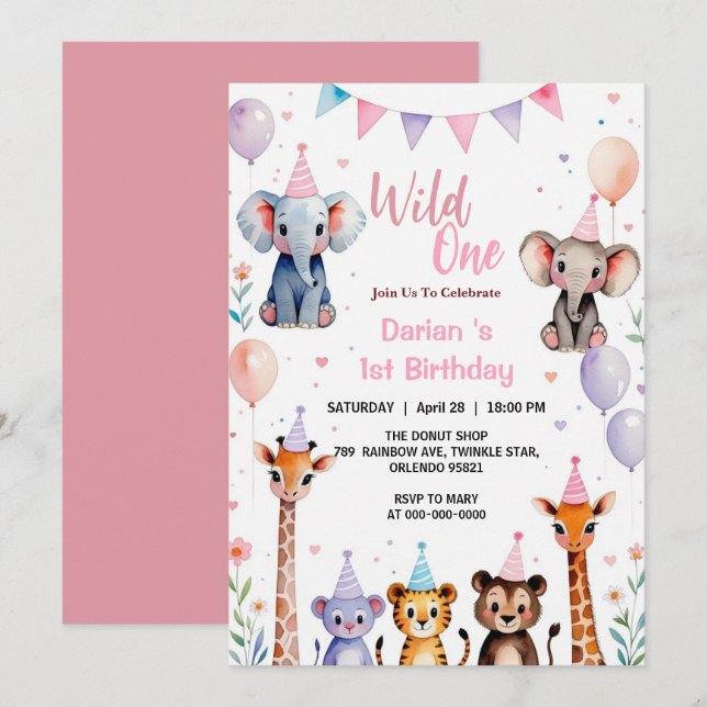 Wild One Niedlicher Tiere Balloon Girls 1. Geburts Dankeskarte (Vorne/Hinten)