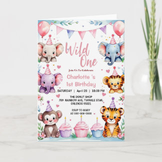 Wild One Niedlicher Tiere Balloon Girls 1. Geburts Einladung