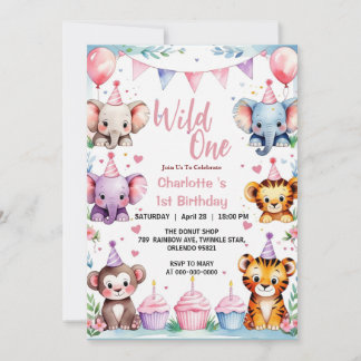 Wild One Niedlicher Tiere Balloon Girls 1. Geburts Einladung