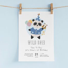 Wild One Panda Bear Blue 1. Geburtstag Einladung