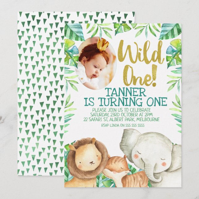 Wild One Photo Birthday Invitation Safari (Devant / Derrière)