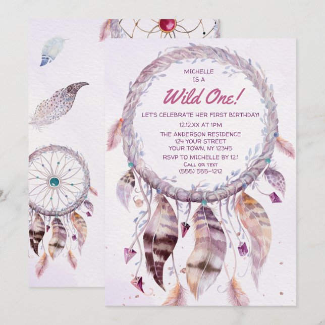 Wild One Pink Boho Dreamcatcher Geburtstag Einladung (Vorne/Hinten)