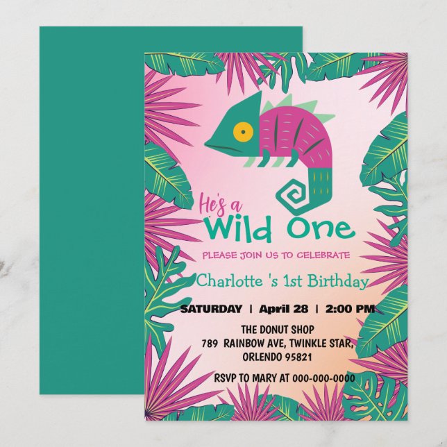 Wild One Pink Chamäleon Dschungel 1. Tier Geburtst Einladung (Vorne/Hinten)