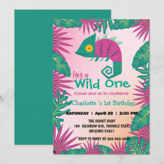 Wild One Pink Chamäleon Dschungel 1. Tier Geburtst Einladung