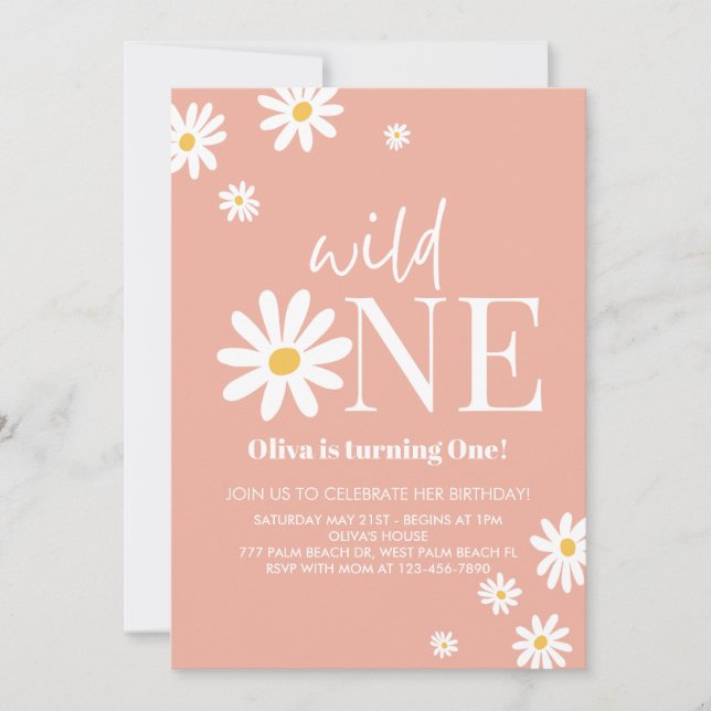 Wild One Pink Daisy 1. Geburtstag Einladung (Vorderseite)