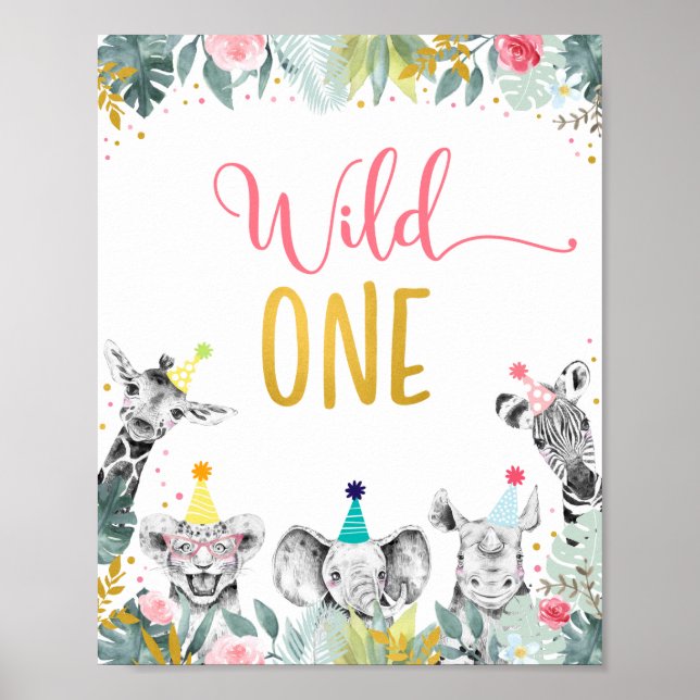 Wild One Pink Gold Party Animal Birthday Sign Poster (Vorne)