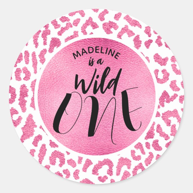 Wild One Pink Leopard 1. Geburtstag Runder Aufkleber (Vorderseite)