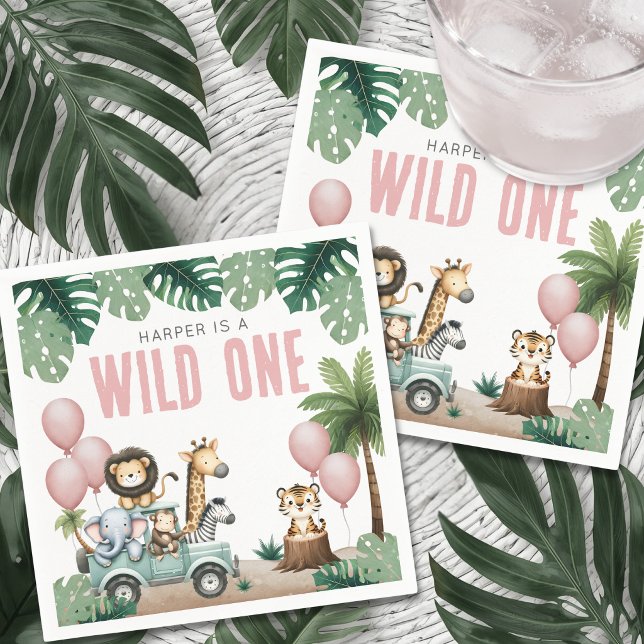 Wild One Pink Safari 1st Birthday Serviette (Wild One Pink Safari 1st Birthday Napkins)