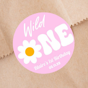 Wild One Pink White Daisy Retro 1. Geburtstag Runder Aufkleber