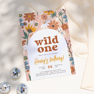 Wild One Retro Boho Wildblume 1. Geburtstag Party Einladung