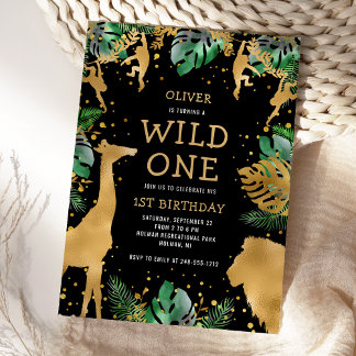 Wild One Safari 1. Geburtstag Black Green Gold Einladung