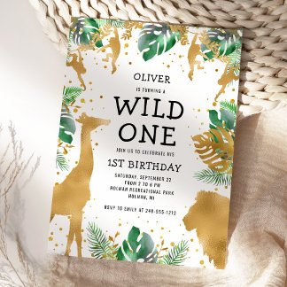 Wild One Safari 1. Geburtstag Grün Gold Schwarz Einladung