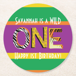 Wild One Safari 1. Geburtstag Party Kind Runder Pappuntersetzer