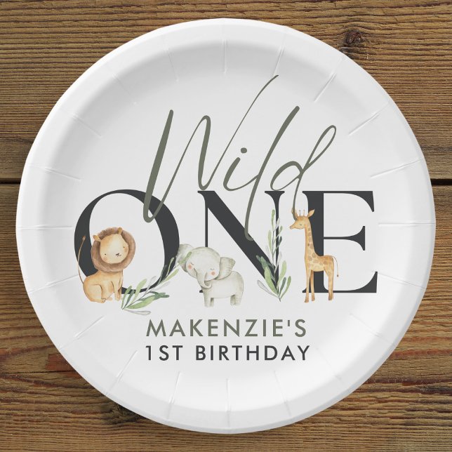 Wild One Safari 1. Geburtstag Party Pappteller (White 'Wild One' themed 1st birthday plate with cute safari animals.)