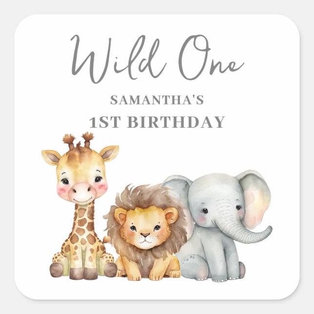 Wild One Safari 1. Geburtstag Quadratischer Aufkleber (Vorderseite)