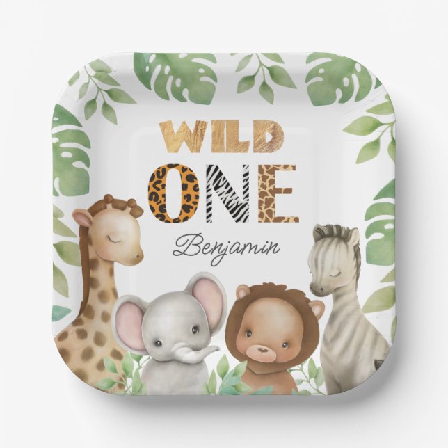 Wild One Safari 1st Birthday Party Pappteller (Vorderseite)