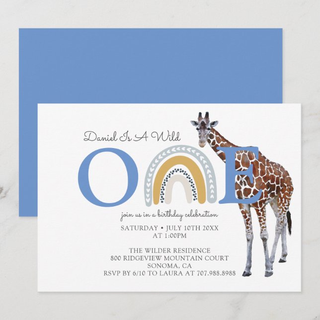 Wild One Safari Animal Blue Boy's First Birthday Einladung (Vorne/Hinten)