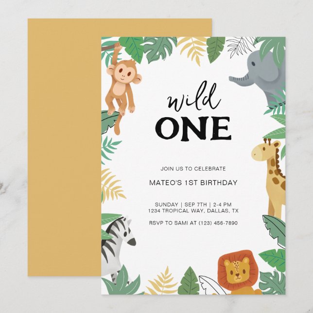 Wild One Safari Animal First Birthday Party Einladung (Vorne/Hinten)
