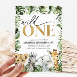 Wild One Safari Animals 1. Geburtstagskinder Einladung<br><div class="desc">Wild 1. Geburtstagsveranstaltung mit niedlichen Safari-Tieren - Lion,  Elephant,  Zebra,  Giraffe und Dschungelblätterdesign.</div>
