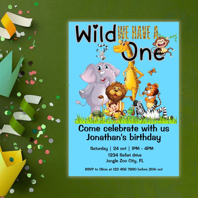 Wild One Safari Animals 1st Birthday cartoon Einladung (Von Creator hochgeladen)