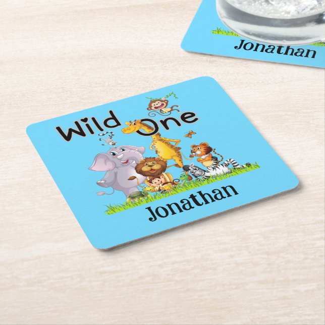 Wild One Safari Animals 1st Birthday cartoon Invit Rechteckiger Pappuntersetzer (angewinkelt)
