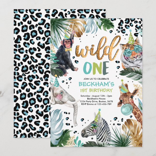 Wild One Safari Animals 1st Boy Birthday Party Einladung (Vorne/Hinten)