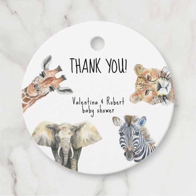 Wild One Safari Animals Baby Dusche Vielen Dank Geschenkanhänger (Vorderseite)