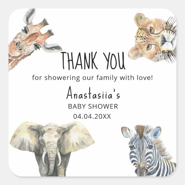 Wild One Safari Animals Baby Shower DANKE Quadratischer Aufkleber (Vorderseite)
