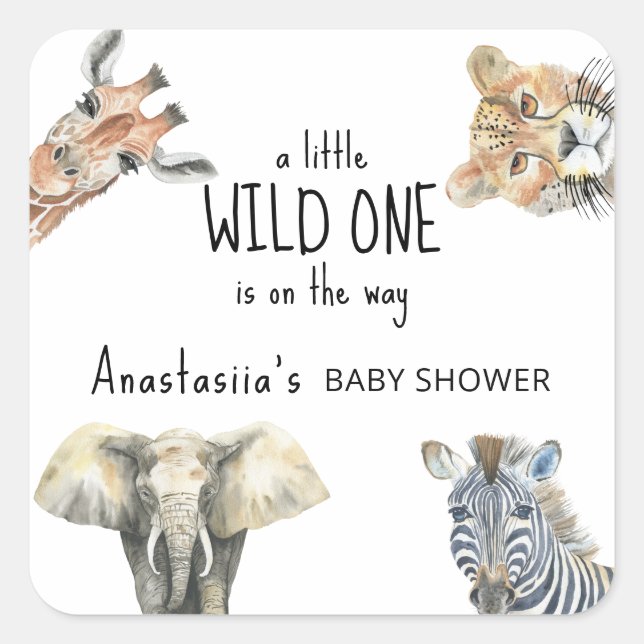 Wild One Safari Animals Baby Shower Quadratischer Aufkleber (Vorderseite)