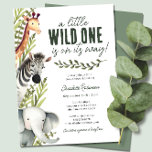 Wild One Safari Animals Boy Baby Shower Einladung<br><div class="desc">Willkommen auf der wilden Seite mit unserer Wild One Safari Animals Boy Baby Shower Einladung! Wenn Sie eine Babydusche zum Thema Safari für einen kleinen Jungen planen, ist diese Einladung perfekt für Sie. Mit spielerischen Illustrationen von Safari-Tieren wie einem bezaubernden Elefanten, Zebra und Giraffe, vor dem Hintergrund von rustikalen grünen...</div>