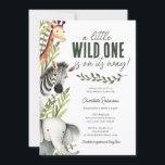 Wild One Safari Animals Boy Baby Shower Einladung<br><div class="desc">Willkommen auf der wilden Seite mit unserer Wild One Safari Animals Boy Baby Shower Einladung! Wenn Sie eine Babydusche zum Thema Safari für einen kleinen Jungen planen, ist diese Einladung perfekt für Sie. Mit spielerischen Illustrationen von Safari-Tieren wie einem bezaubernden Elefanten, Zebra und Giraffe, vor dem Hintergrund von rustikalen grünen...</div>