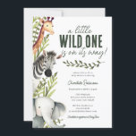 Wild One Safari Animals Boy Baby Shower Einladung<br><div class="desc">Willkommen auf der wilden Seite mit unserer Wild One Safari Animals Boy Baby Shower Einladung! Wenn Sie eine Babydusche zum Thema Safari für einen kleinen Jungen planen, ist diese Einladung perfekt für Sie. Mit spielerischen Illustrationen von Safari-Tieren wie einem bezaubernden Elefanten, Zebra und Giraffe, vor dem Hintergrund von rustikalen grünen...</div>