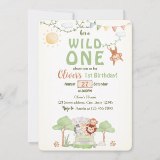 Wild One Safari Animals Boy First Birthday  Einladung