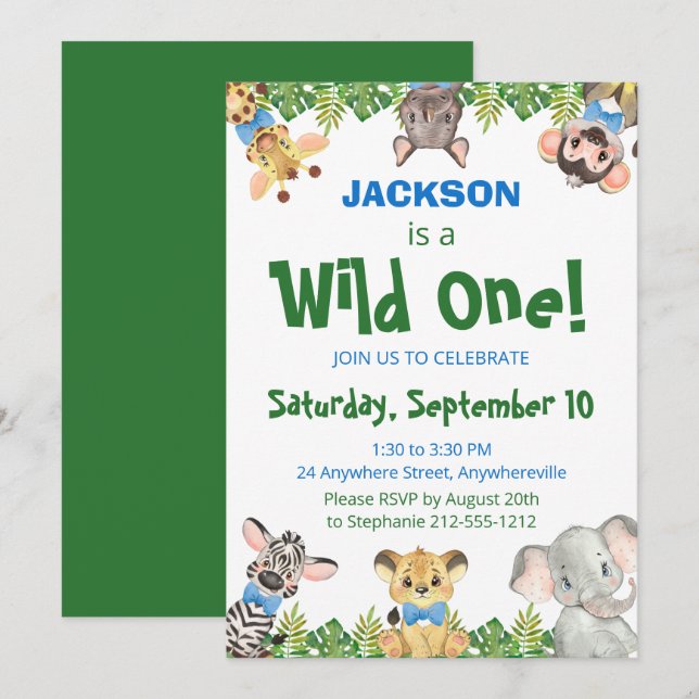 Wild One Safari Animals Boy First Birthday Invita Einladung (Vorne/Hinten)