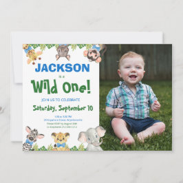Wild One Safari Animals Boy Foto Erster Geburtstag Einladung