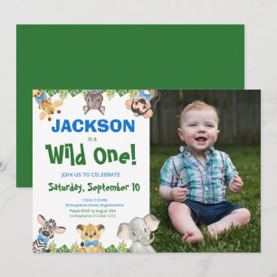 Wild One Safari Animals Boy Foto Erster Geburtstag Einladung