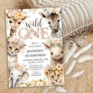 Wild One Safari Animals Girl 1. Geburtstag Einladung