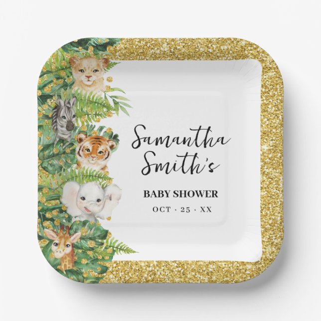 Wild One Safari Animals Gold Glitzer Baby Shower P Pappteller (Vorderseite)