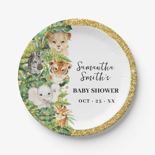 Wild One Safari Animals Gold Glitzer Baby Shower Pappteller (Vorderseite)
