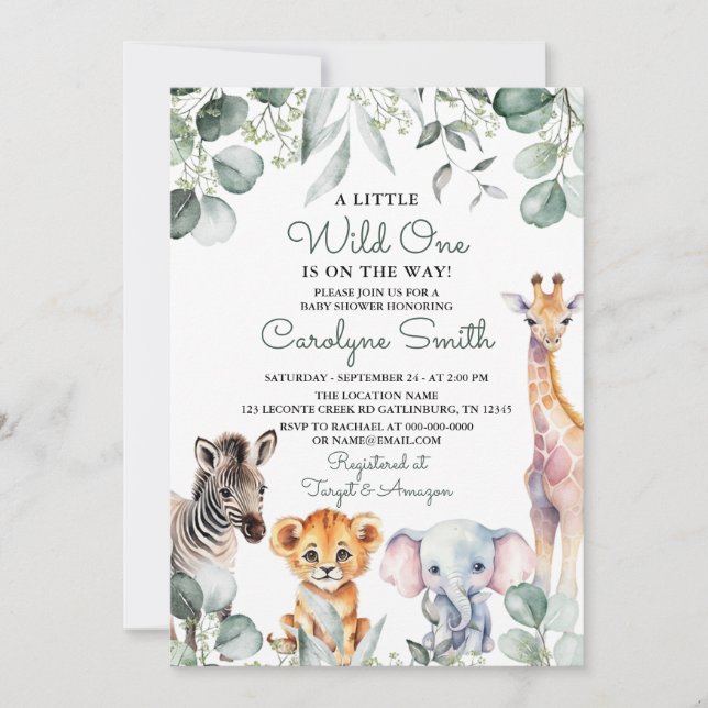 Wild One Safari Animals Greenery Baby Shower Einladung (Vorderseite)
