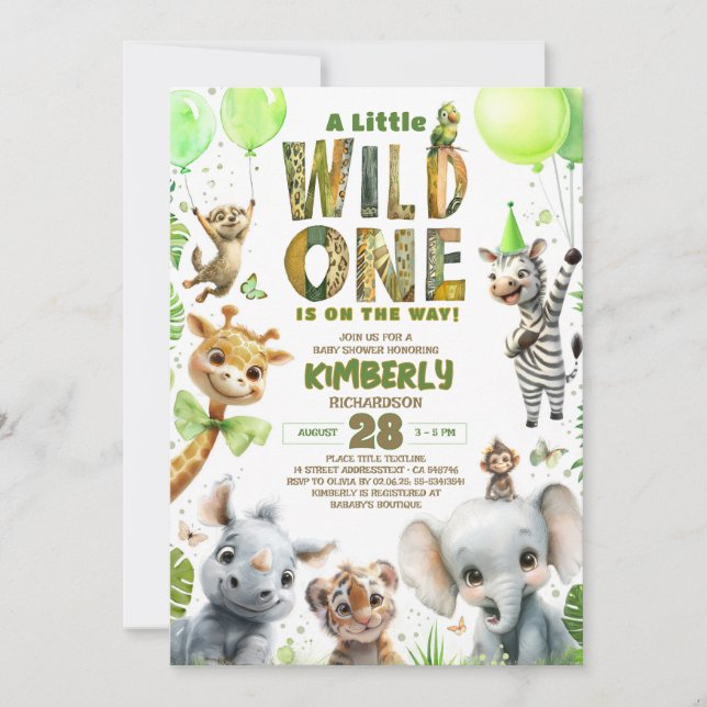 Wild One Safari Animals Kinderdusche Einladung (Vorderseite)